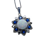 Opal Necklace - Blue Sapphire Star Flower Pendant - 18KGP @ Sterling Silver - October September Birthstone - White Fire Opal Jewelry #689