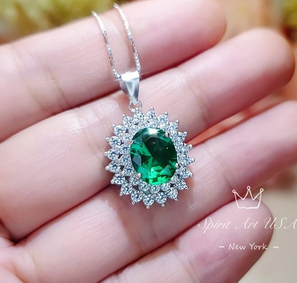 Double Halo Gemstone Emerald Necklace - White Gold Sterling Silver Halo Solitaire 3 Ct Emerald Pendant - Oval Cut May Birthstone #628