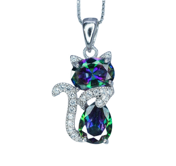 Cat Rainbow Mystic Topaz Necklace - Gemstone Cat Kitty Pendant - White Gold Coated Sterling Silver Pets Lover Jewelry #214