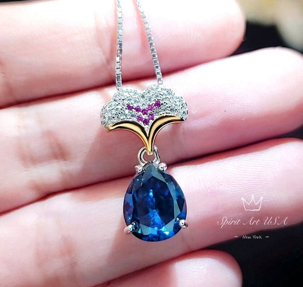 Blue Sapphire Necklace Gemstone Ginkgo biloba Leaf Pendant Large 4 CT Teardrop Lab Created Blue Sapphire Pendant 18KGP Sterling Silver #818