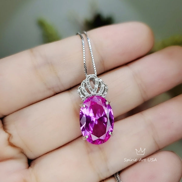 Pink Tourmaline Necklace - Large Oval - Diamond Crown - 6 CT Rose Red Fuchsia Lab Created Tourmaline Pendant - 18KGP @ sterling silver #805