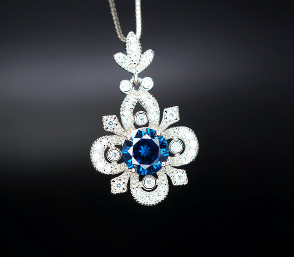 Blue Sapphire Necklace Gemstone Flower Style - 6mm Round Blue Sapphire Pendant - 18KGP @ Sterling Silver - September Birthstone #600
