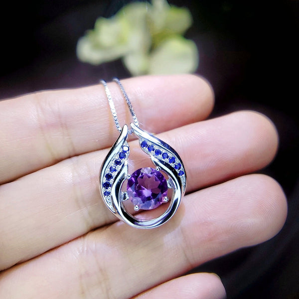 Genuine Amethyst Necklace - Hold Your Heart Pendant - 18KGP @ Sterling Silver - Blue Sapphire Style - Round Cut Natural Amethyst Pendant 700