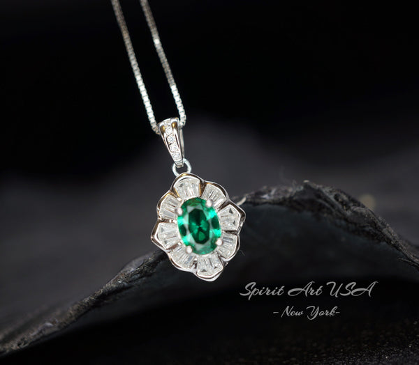 Tiny Emerald Necklace - 18kgp @ Sterling Silver - Mini Green Emerald Pendant - Gemstone Flower Style - May Birthstone #197