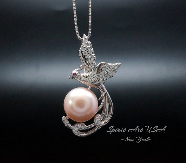 Small Freshwater Pink Pearl Phoenix Necklace Full 925 Sterling Silver 18kgp Bird Pendant Pearl Jewelry #932