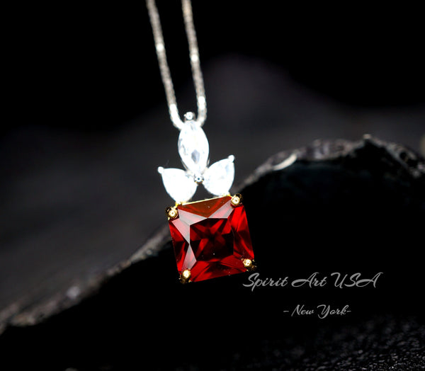 Pigeon Blood Ruby Necklace tiny Square Red Ruby Pendant - 18kgp Sterling Silver - Three petal flower - Square Scisson Cut Ruby Jewelry #412