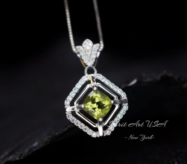 Genuine Peridot Necklace Diamond Crown Square Peridot Pendant 18KGP @ Sterling Silver - Double Halo 1CT Natural Green Peridot Jewelry #303