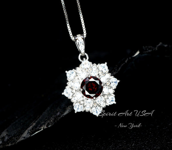 Garnet Necklace - Gemstone Flower Pendant - 18kgp @ Sterling Silver - Red Garnet Jewelry #603