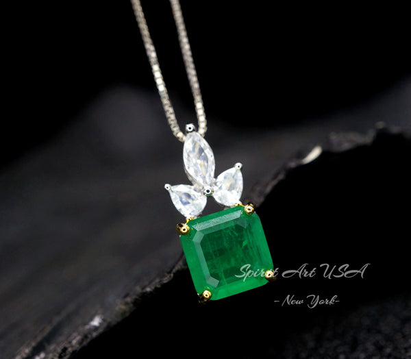 Emerald Necklace - 18kgp @ Sterling Silver - Lab Grown Square Emerald - Three Petal Flower Jewelry #462