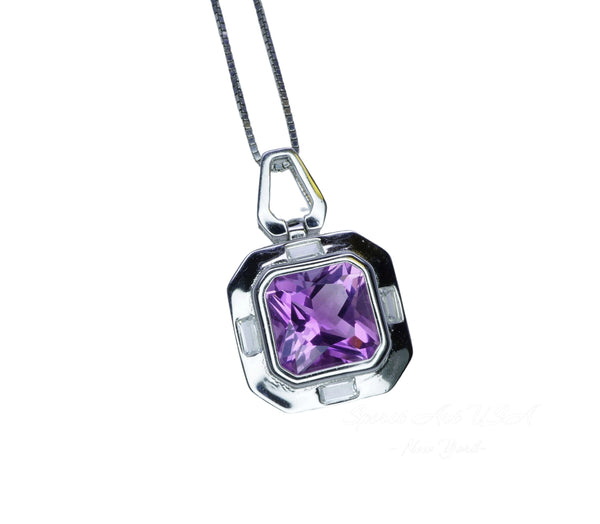 Genuine Amethyst Necklace - Natural Square Amethyst Pendant - 18KGP @ Sterling Silver - February Birthstone Solitaire Amethyst Jewelry #498