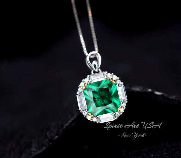 Gemstone Square Emerald Necklace - 18kgp @ Sterling Silver - Dainty Green Emerald Jewelry - May Birthstone #305