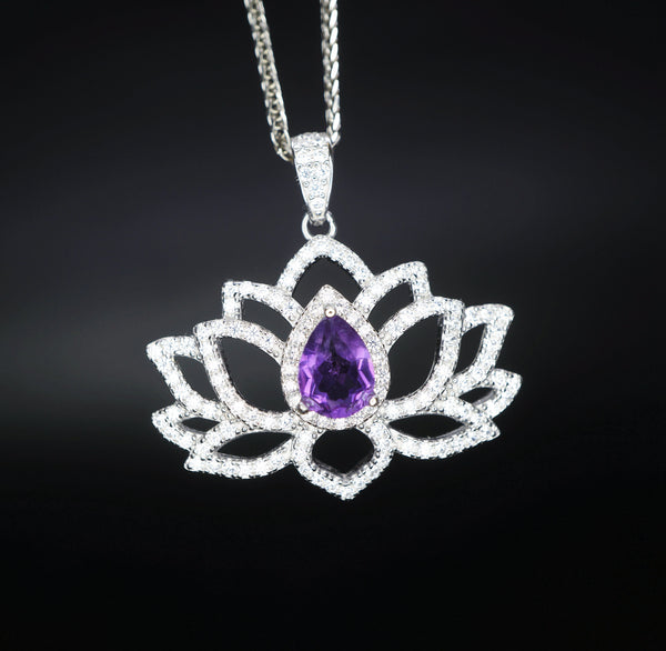 Lotus Style Genuine Amethyst Necklace Gemstone Water lily Pendant 18KGP @ Sterling Silver February Birthstone - Amethyst Jewelry #697