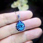 Large Blue Topaz Necklace - Blue Sapphire Halo - Blue Topaz Pendant - Teardrop Blue Topaz Jewelry - 18kgp @ Sterling Silver - 4 CT #598