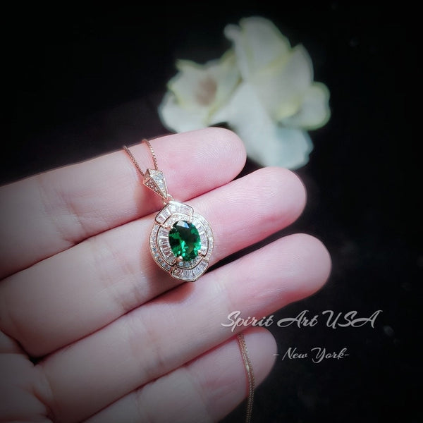 Emerald Necklace - Rose gold 18kgp @ Sterling Silver - Oval Cut Store exclusive Design - Green Emerald Pendant - May Birthstone