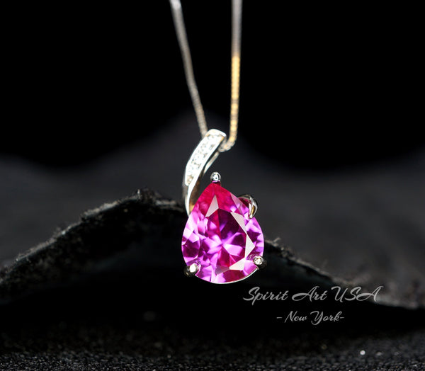 Simple Pink Sapphire Necklace, Large Teardrop Pink Sapphire Jewelry - 18k White Gold @ Sterling Silver #606