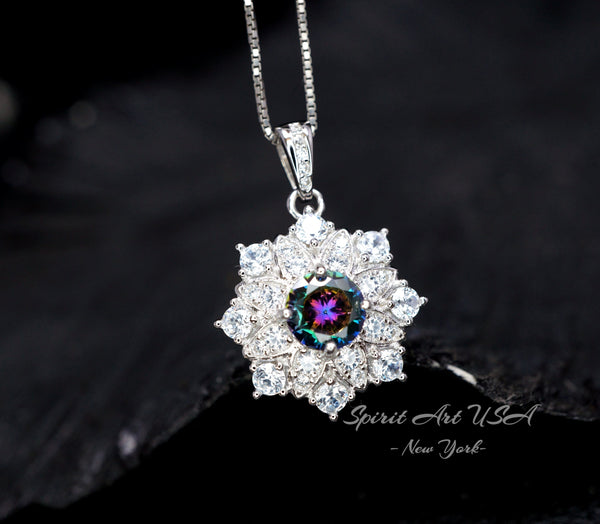 Mystic Topaz Necklace - Gemstone Snow Flower Pendant - Sterling Silver Round 6mm Mystic Topaz Pendant - 18KGP Double halo style #497