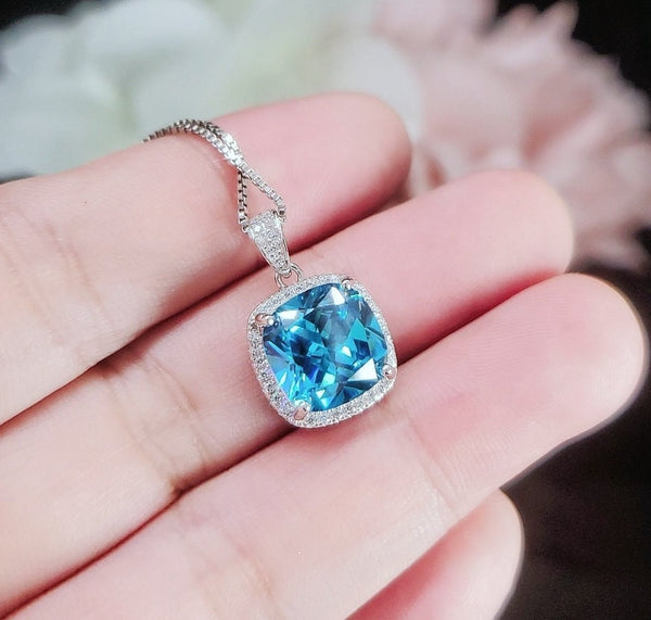 Topaz Necklace - Sterling Silver Cushion Square Large 6 CT Blue Topaz Jewelry #542