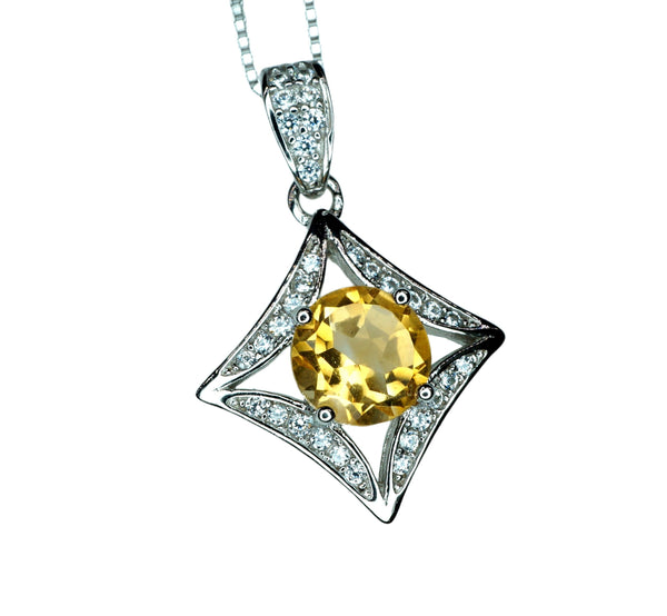 Dainty Genuine Citrine Necklace - Sterling Silver Gemstone Halo Style - Dainty Natural Citrine Pendant - 1 CT November Birthstone Jewelry