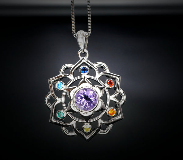 Amethyst Necklace - 7 Chakra Pendant - 18KGP @ Sterling Silver - Genuine Natural Amethyst Jewelry - Flower Of Life Yoga Necklace #464