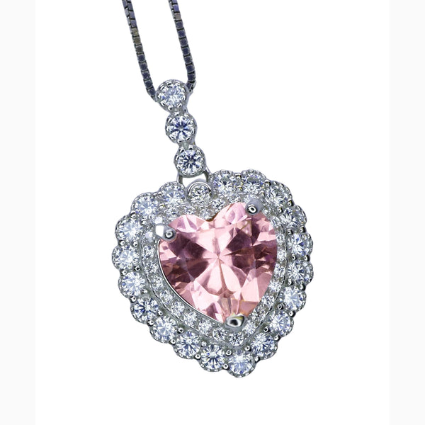 Pink Morganite Necklace - Pink Heart Pendant - 18KGP @ Sterling Silver - Double Halo Pink Morganite Jewelry #928