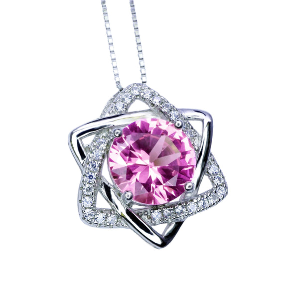 Pink Tourmaline Necklace Gemstone David Star Pendant Sterling Silver White Gold Plated - Solitaire 8 mm Round Pink Tourmaline Jewelry #434