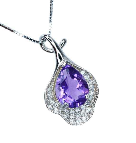 Natural Amethyst Necklace, Gemstone Petal Flower Pendant, 2.1 CT Genuine Purple Amethyst Pendant Sterling Silver White Gold Plated #455