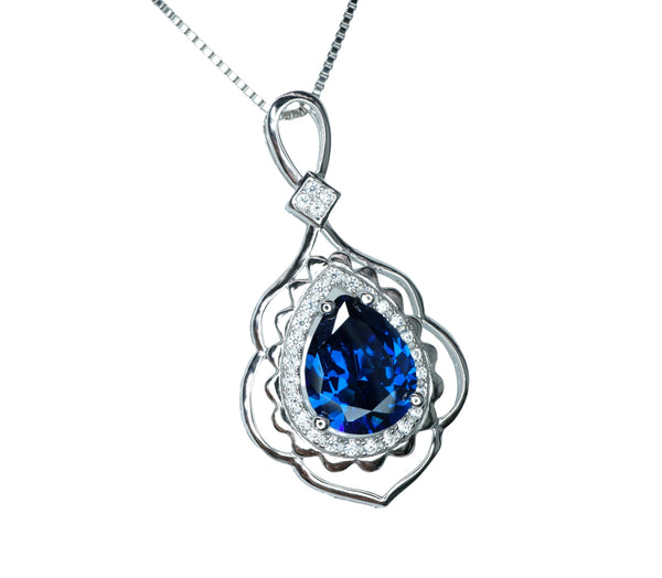 Teardrop Blue Sapphire Necklace 2.75 CT Royal Blue Sapphire Gemstone Pendant Sterling Silver Pear White Gold Petal Jewelry #773
