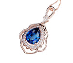 Rose Gold Blue Sapphire Necklace 2.75 CT Teardrop Royal Blue Gemstone Pendant Sterling Silver Pear Gemstone Halo Gold Petal Jewelry #743