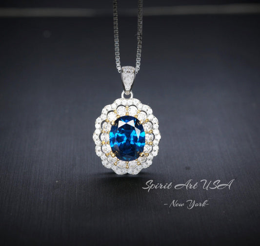 Blue Sapphire Necklace - Double Halo Gemstone - Blue Sapphire Pendant 18KGP @ Sterling Silver - September Birthstone - 2.3CT Oval #592