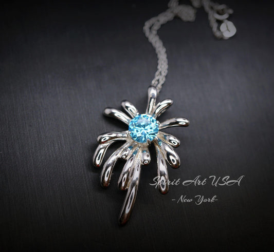 Sterling Silver Aquamarine Necklace - Firework Aquamarine Pendant - White Gold Plated Sterling Silver - March Birthstone #705
