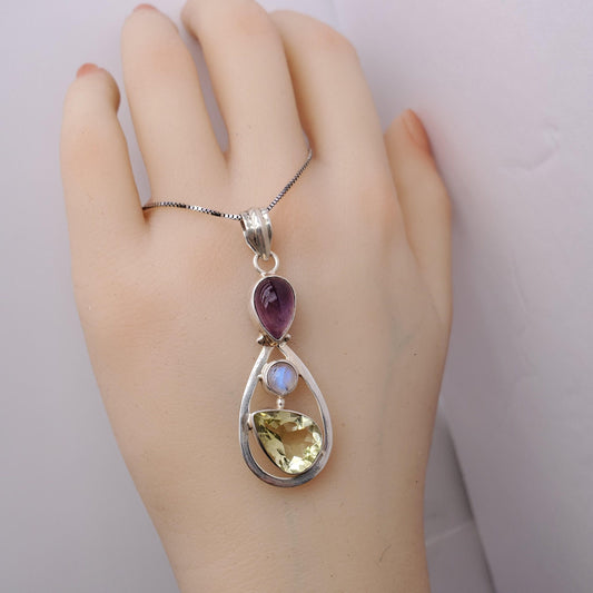 Sterling Silver Citrine Amethyst Necklace - Moonstone Necklace