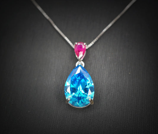 Teardrop Topaz Necklace Sterling Silver 6 CT 18K White Gold Plated Lab Created Swiss Blue Blue Topaz Pendant #782