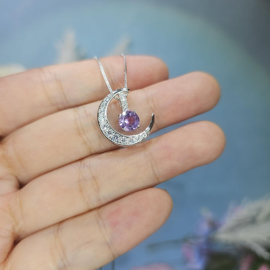Amethyst Moon Necklace Sterling Silver Crescent purple lavender natural amethyst Pendant February Birthstone Double Pendant Jewelry #992