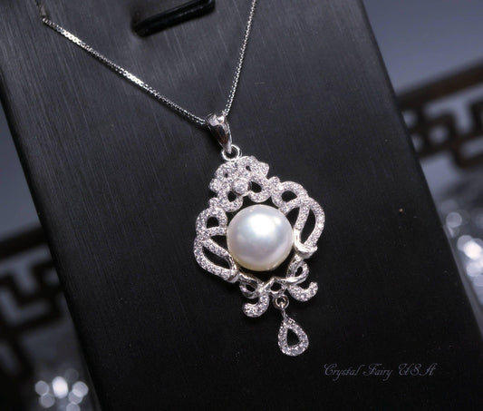 Bridal Genuine Pearl Necklace - 18KGP @ Sterling Silver - Natural Freshwater Gemstone Tassel White Pearl Pendant Jewelry #706