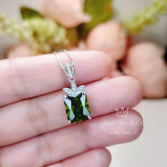 Rectangular Peridot Necklace - White Gold Sterling Silver Gemstone Flower Green Peridot Pendant - August Birthstone #966