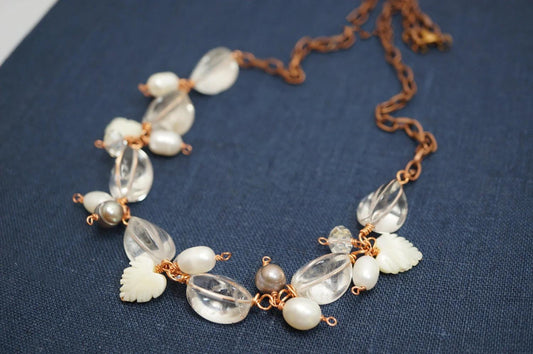 Clear Quartz Necklace Set - Bridal Necklace, Wedding Necklace, Crystal Stone healing Jewelry 19" antique chain copper
