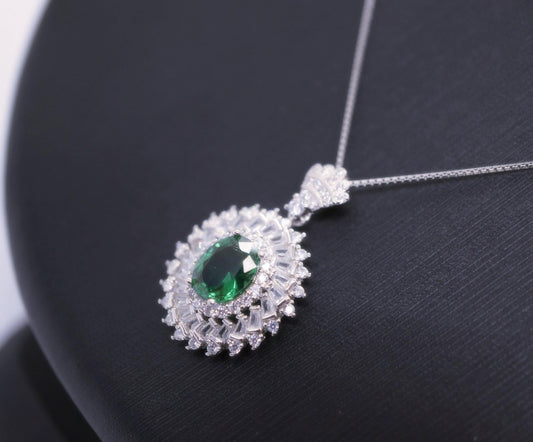 Triple Gemstone Halo Emerald Necklace - 18KGP @ Sterling Silver - Oval Cut 1.5 CT Green Emerald Pendant #713