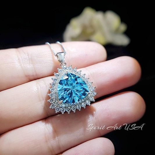 Large Trillion Cut Aquamarine Necklace - Brilliant Double Gemstone Halo 10CT Blue Aquamarine Pendant - 18kgp @ Sterling Silver #754