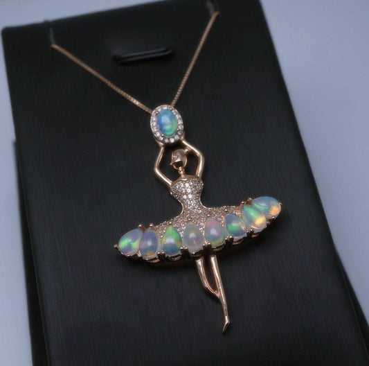 Genuine Ethiopian Opal Necklace Ballet Dancing Girl Rose Gold Sterling Silver Dancer Bridal Wedding Opal Jewelry #833