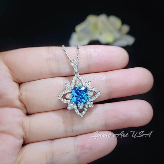 Gemstone Medal Blue Topaz Necklace - Medal of Honor Flower - Sterling Silver Star Celestial Jewelry - Square Blue Topaz Pendant #512