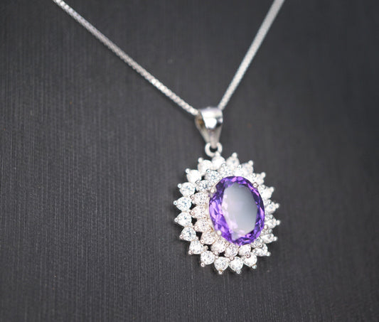 Large Genuine Amethyst Necklace - Sterling Silver Two Layer Cubic Zirconia - February Birthstone - Halo 3 CT Natural Amethyst Pendant 1116
