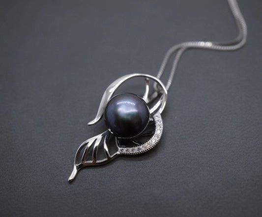 Genuine Black Pearl Necklace - Sterling Silver Leaf Single Pearl Jewelry #467