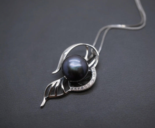 Genuine Black Pearl Necklace - Sterling Silver Leaf Single Pearl Jewelry #467