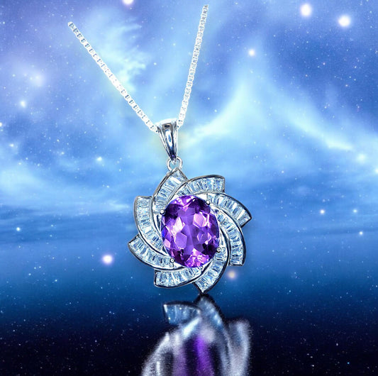 Genuine Amethyst Necklace Luxury February Birthstone White Gold Sterling Silver Milky Way Spiral Galaxy Energy Vortexes Windmill 3 CT #1087