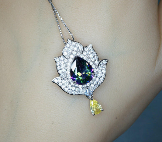 Mystic topaz Diamond Lotus Necklace - 18kgp @ Sterling Silver - Large Rainbow Mystic Topaz Pendant Luxury Flower Pendant #1004