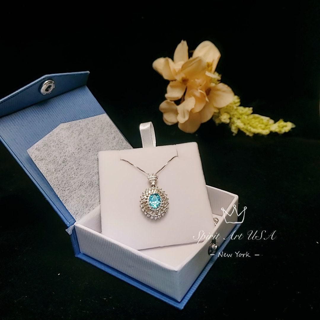 Aquamarine Halo Pendant Necklace in Sterling Silver, Baguette Round Sunburst Cluster, March Birthstone Deep Blue Aquamarine #777