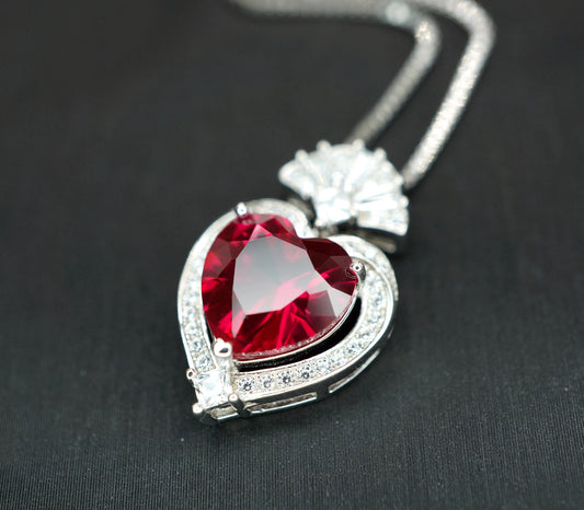 Ruby Heart Necklace - White Gold-Coated Sterling Silver - July birthstone 4 CT Red Ruby Pendant Chain #419