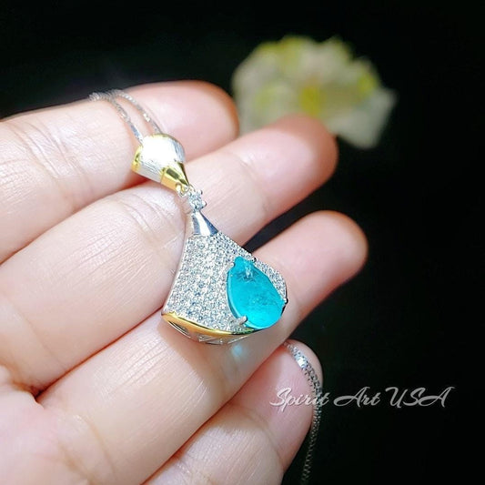 Brilliant Blue Paraiba Tourmaline Necklace - 18KGP Sterling Silver - Gemstone Drop Synthetic Blue Paraiba Gemstone Jewelry #753