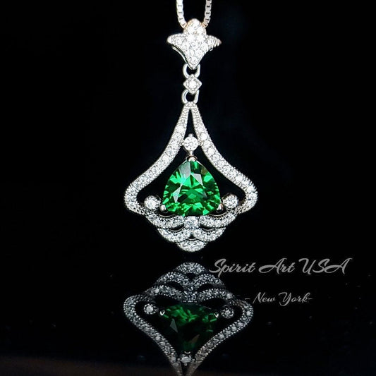 Mandolin flower Emerald Necklace - 1.2 ct Trillion Cut Green Emerald Pendant - White Gold coated Sterling Silver Gemstone Design #759