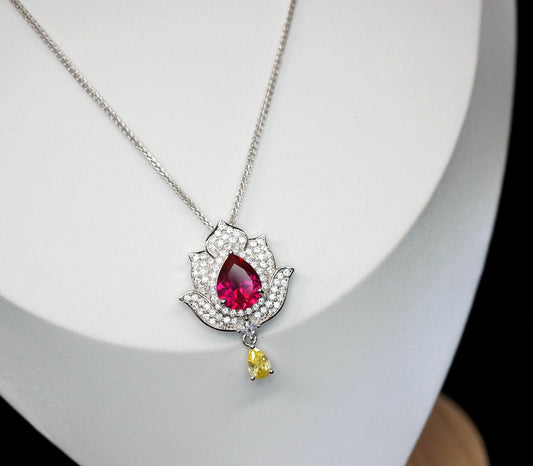 Ruby Necklace - Gemstone Lotus Flower Pendant - 18kGP @ Sterling Silver -Teardrop Halo Ruby Pendant #922
